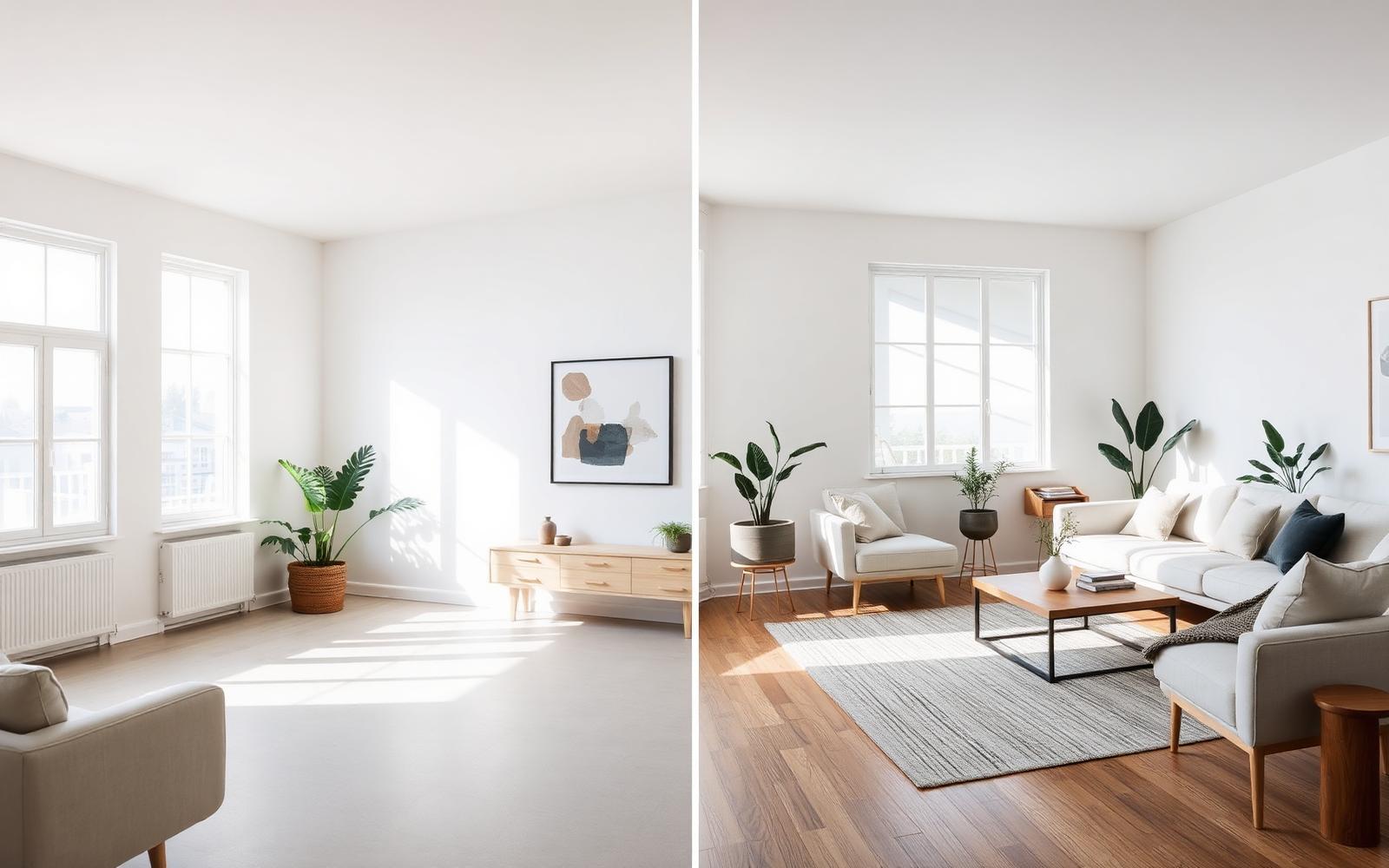 Confronto tra soggiorno vuoto e stesso soggiorno con home staging virtuale